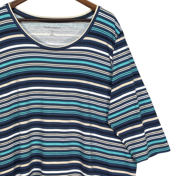 Woman Within Tunic Top Shirt Size 1X‎ Blue Stripe 3/4 Sleeve Cotton Tee - Picture 6 of 9